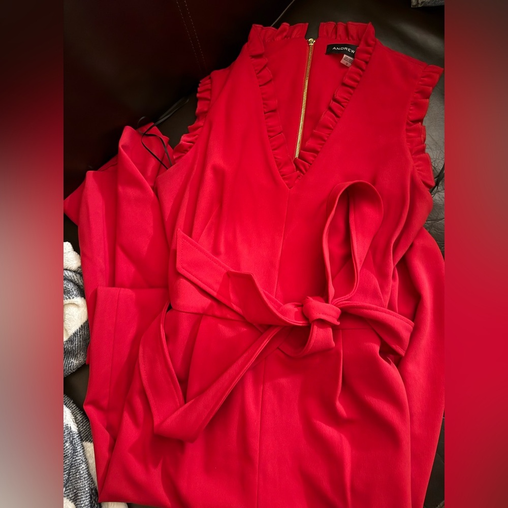Andrew Marc Vibrant Red Sleeveless Romper with Ruffle Trim